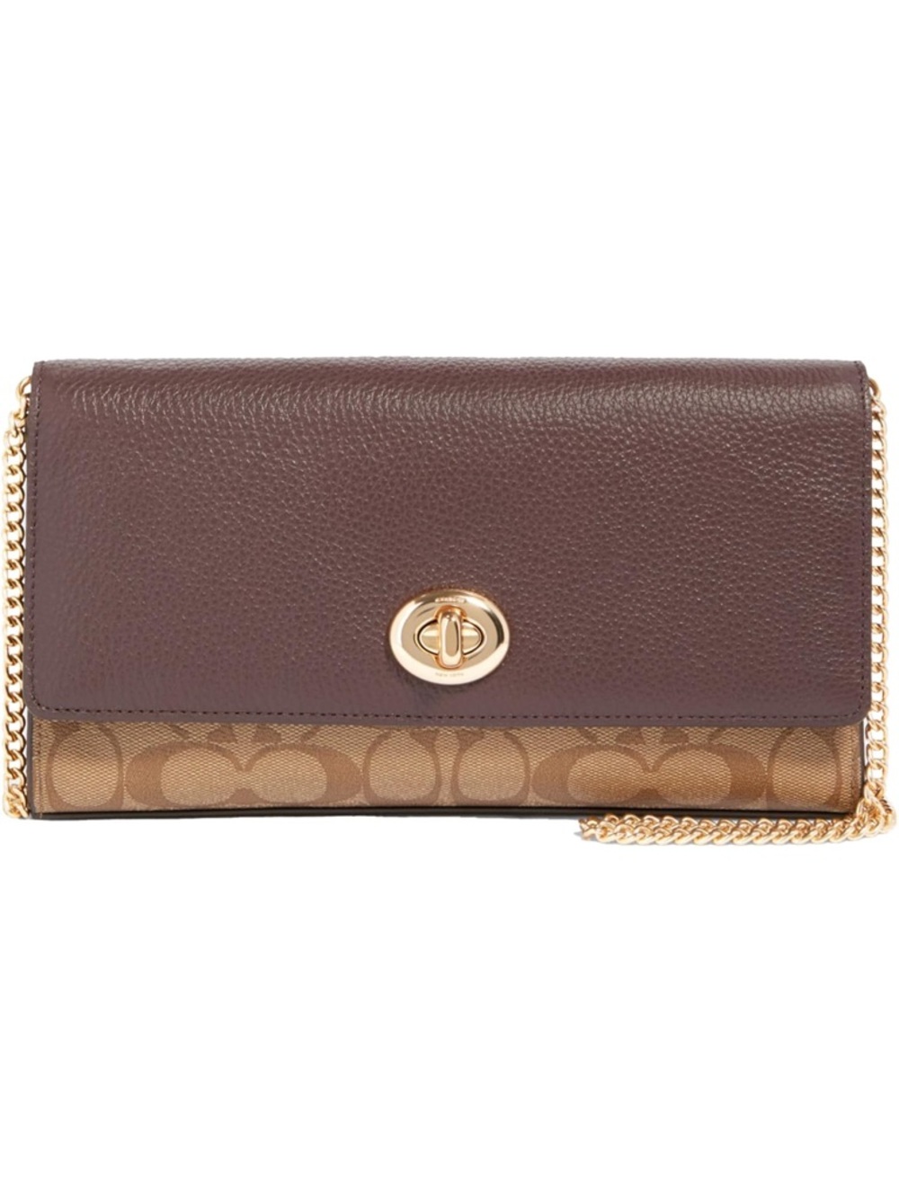 NWT Coach Brown and Tan Signature Bowery Chain Clutch Wallet